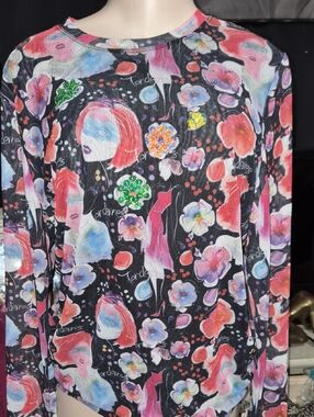 Floral & Portrait Print Long Sleeve Top - Black Background
